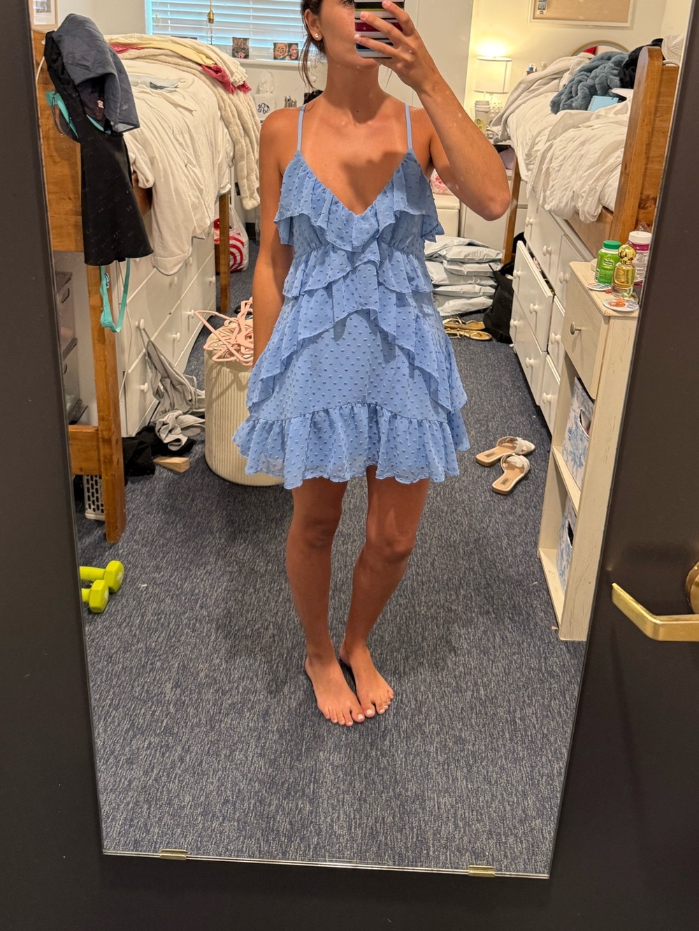 NBD Light Blue Ruffle Eyelet Mini Dress